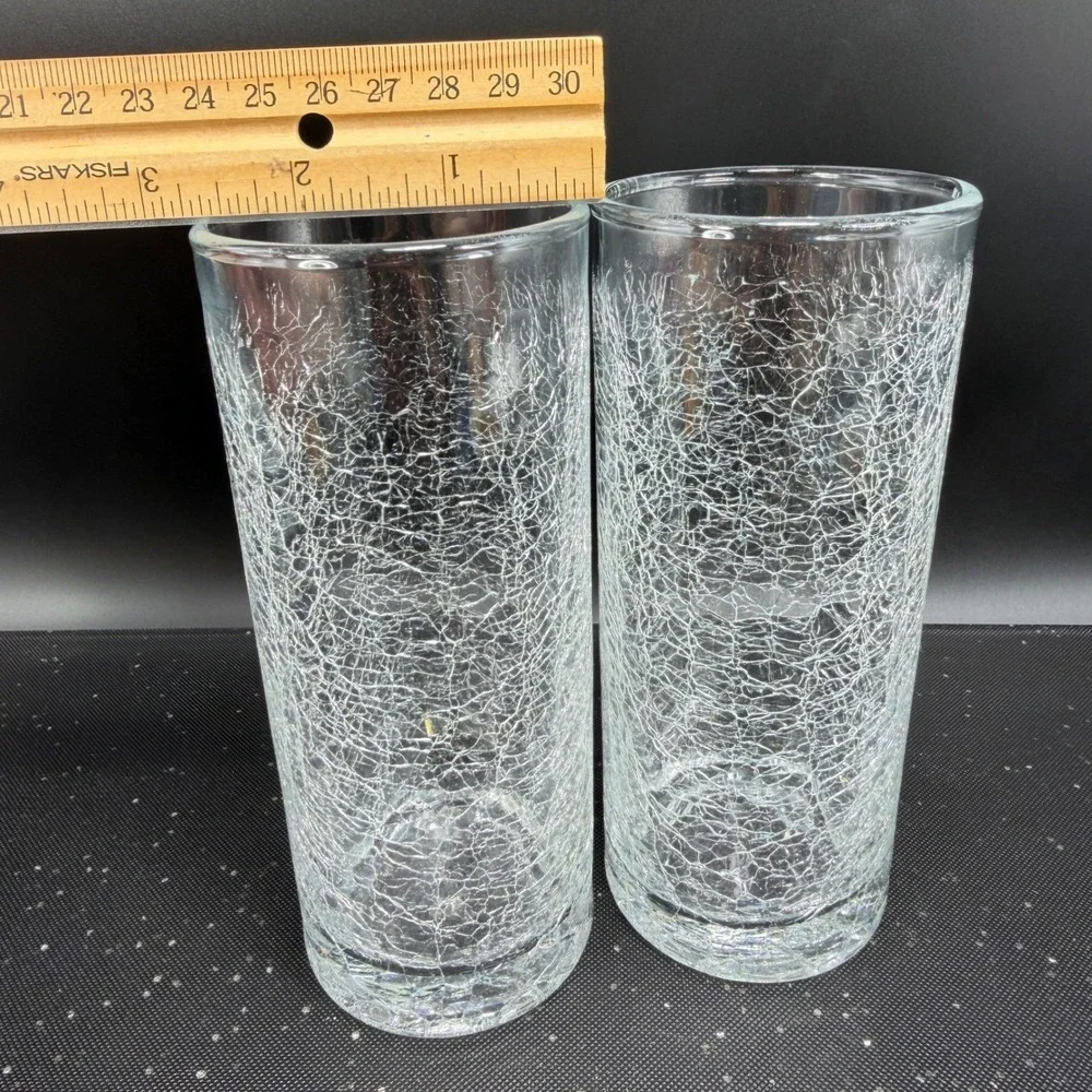 Pier 1 Crackle Glass‎ Highball Tumblers Clear Set of 2 Cups Glasses Cups 6.25in